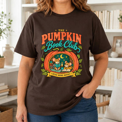 The Pumpkin Book Club Printed T-Shirt | Halloween Book Lover Gift Dark Chocolate