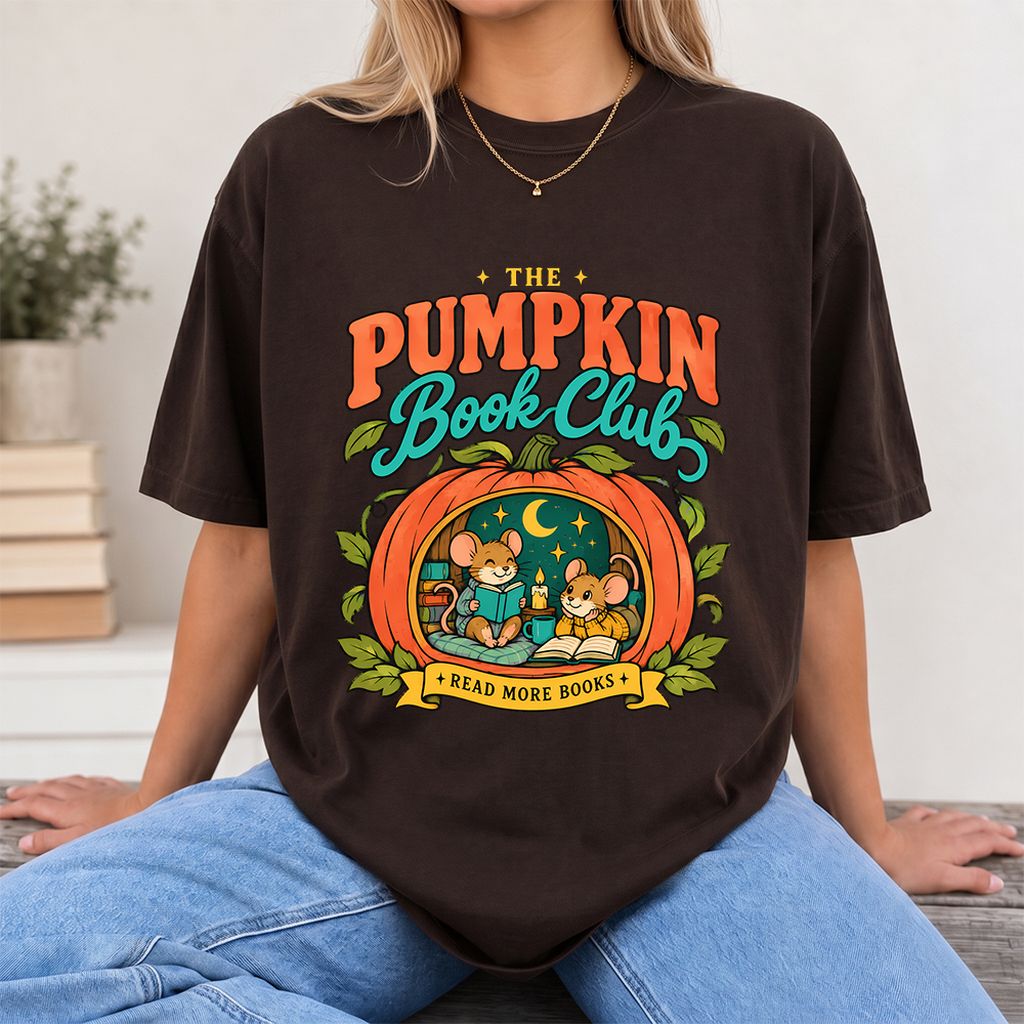 The Pumpkin Book Club Printed T-Shirt | Halloween Book Lover Gift Dark Chocolate