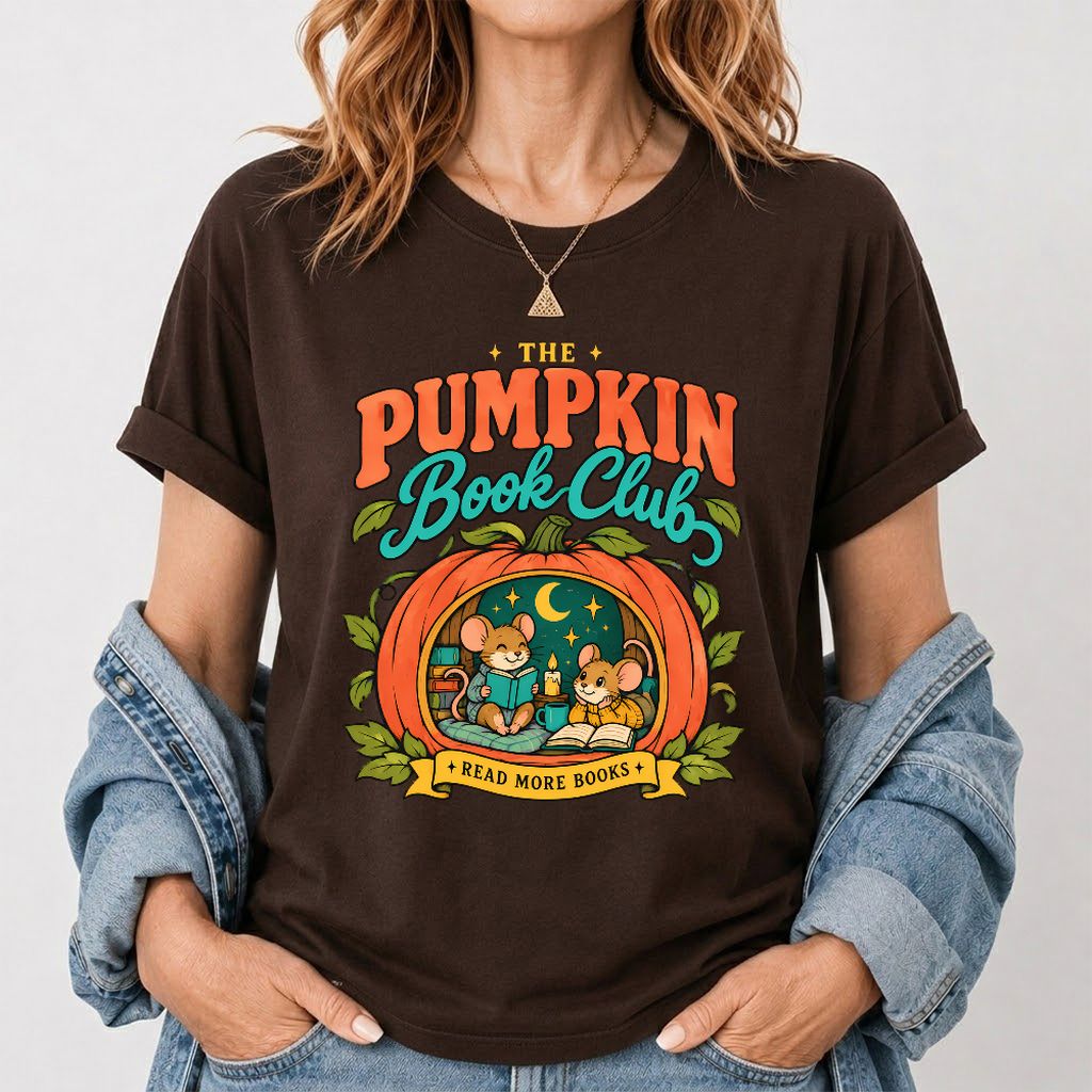 The Pumpkin Book Club Printed T-Shirt | Halloween Book Lover Gift Dark Chocolate