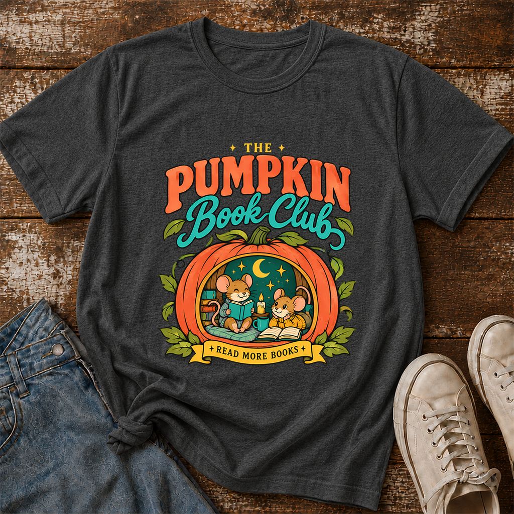 The Pumpkin Book Club Printed T-Shirt | Halloween Book Lover Gift Dark Heather