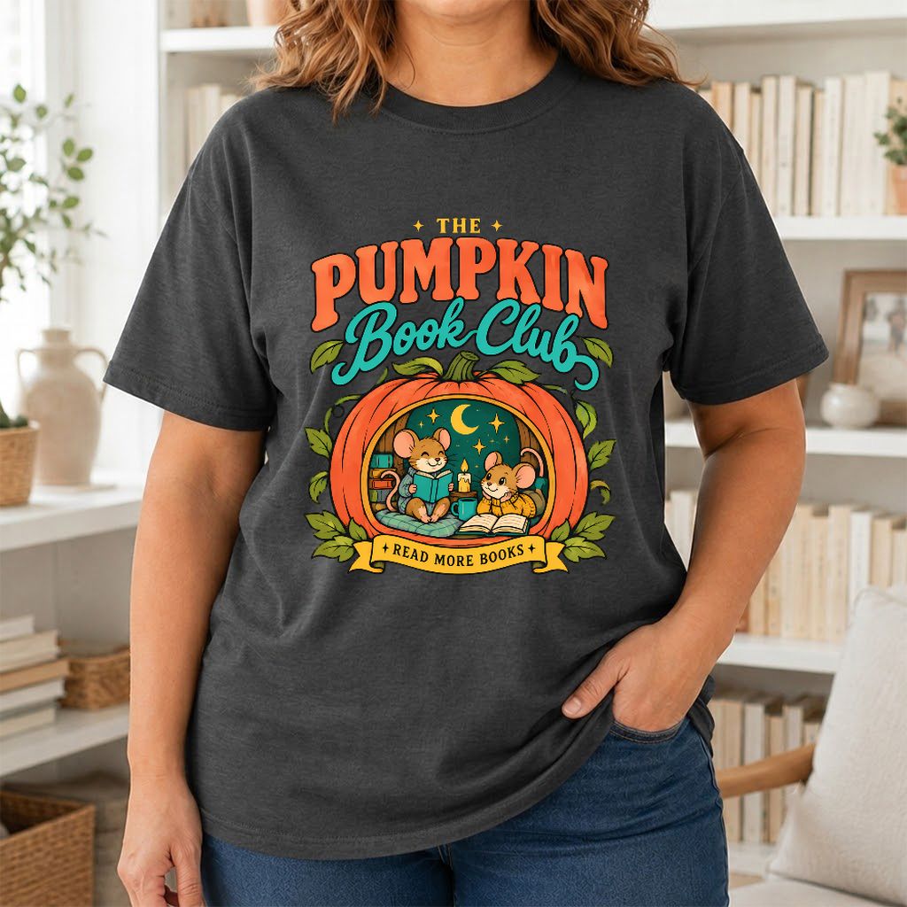 The Pumpkin Book Club Printed T-Shirt | Halloween Book Lover Gift Dark Heather