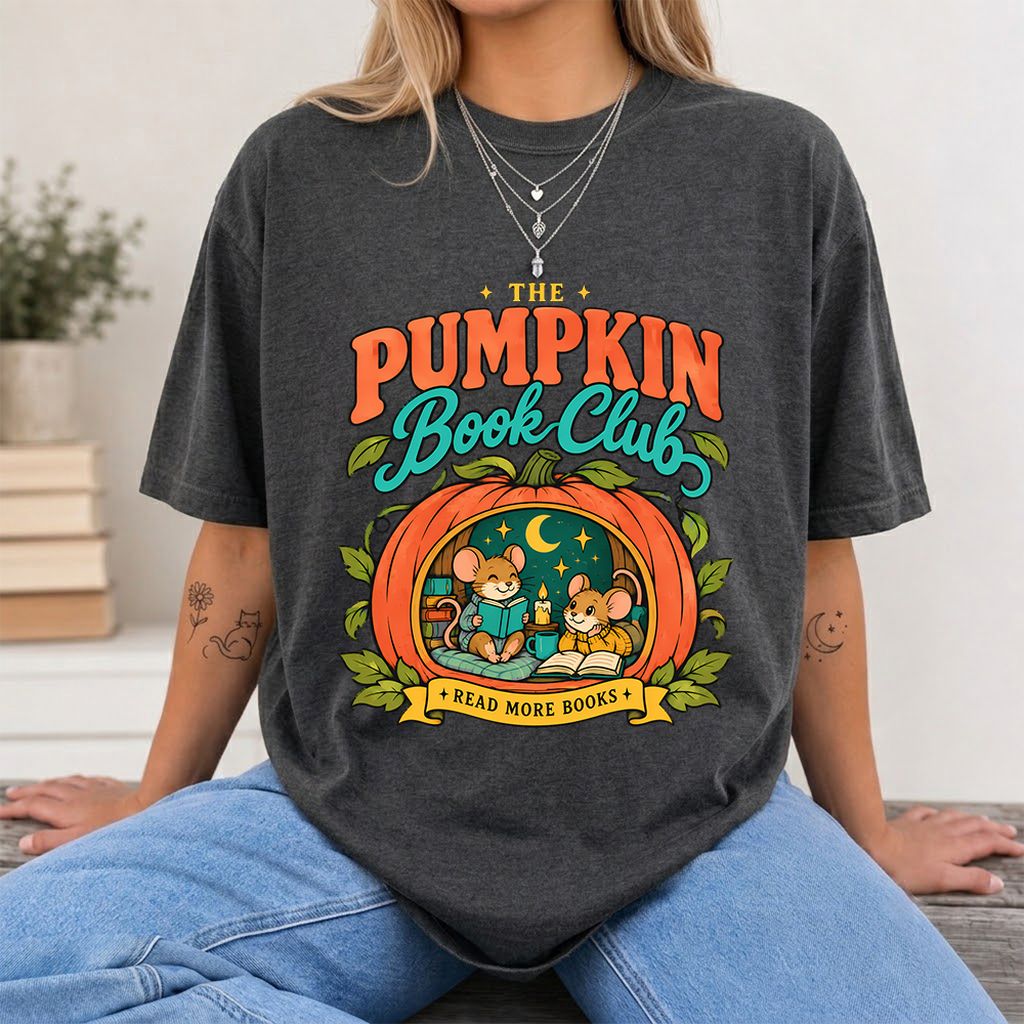 The Pumpkin Book Club Printed T-Shirt | Halloween Book Lover Gift Dark Heather
