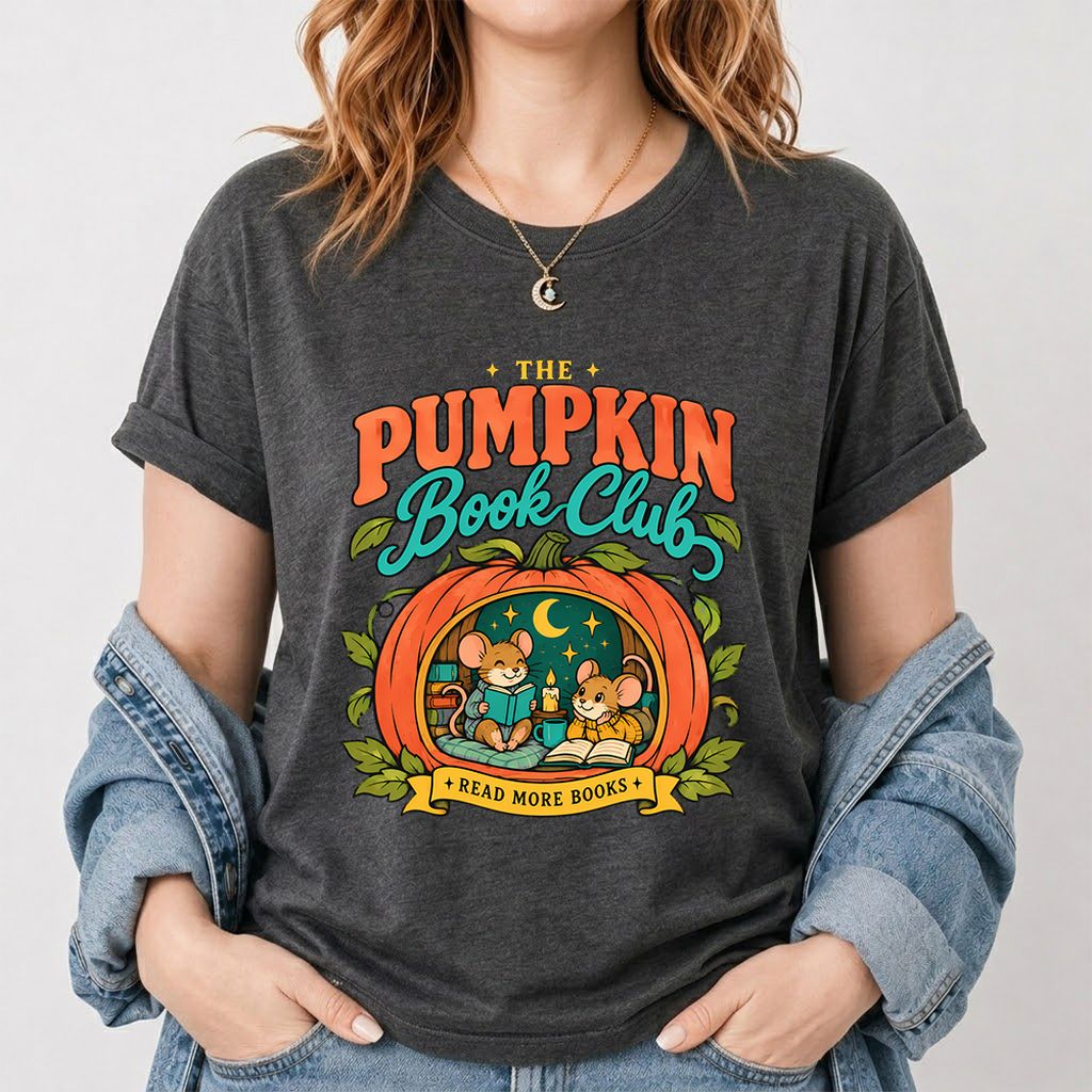 The Pumpkin Book Club Printed T-Shirt | Halloween Book Lover Gift Dark Heather