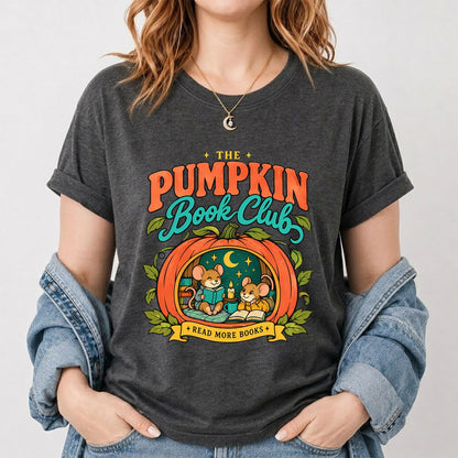 The Pumpkin Book Club Printed T-Shirt | Halloween Book Lover Gift Dark Heather
