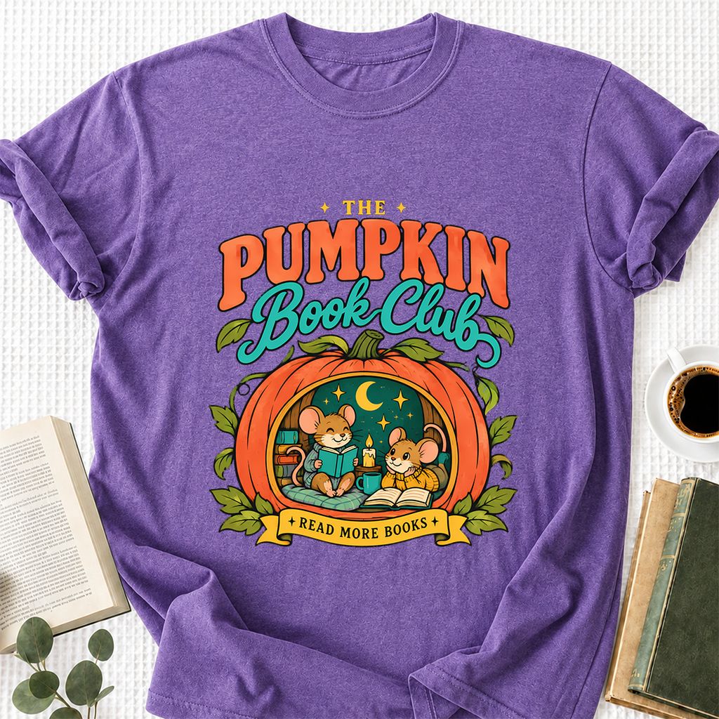 The Pumpkin Book Club Printed T-Shirt | Halloween Book Lover Gift Heather Purple
