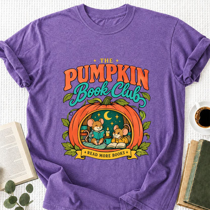 The Pumpkin Book Club Printed T-Shirt | Halloween Book Lover Gift Heather Purple