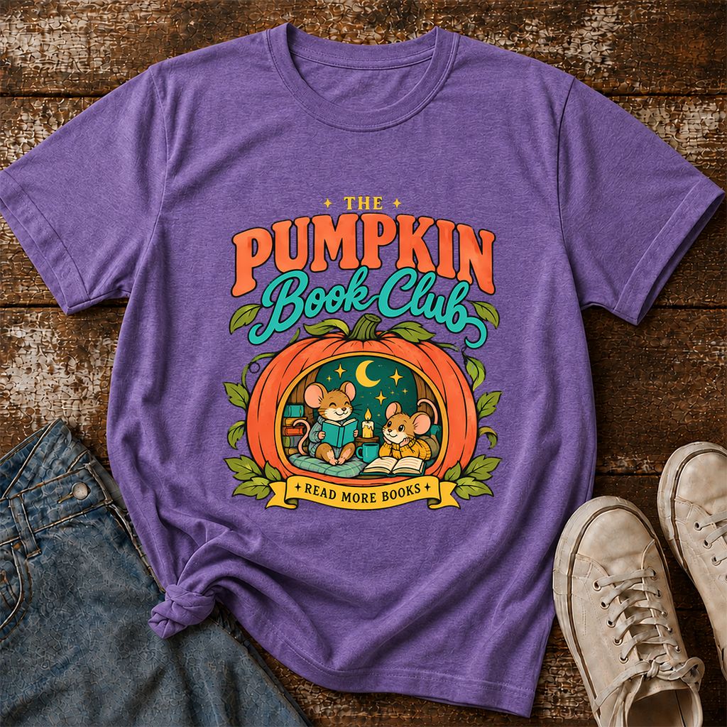 The Pumpkin Book Club Printed T-Shirt | Halloween Book Lover Gift Heather Purple