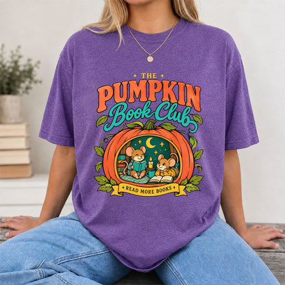 The Pumpkin Book Club Printed T-Shirt | Halloween Book Lover Gift Heather Purple