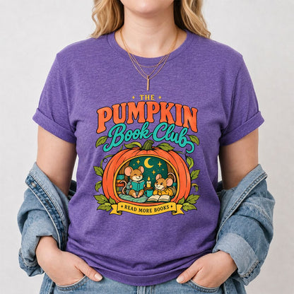The Pumpkin Book Club Printed T-Shirt | Halloween Book Lover Gift Heather Purple