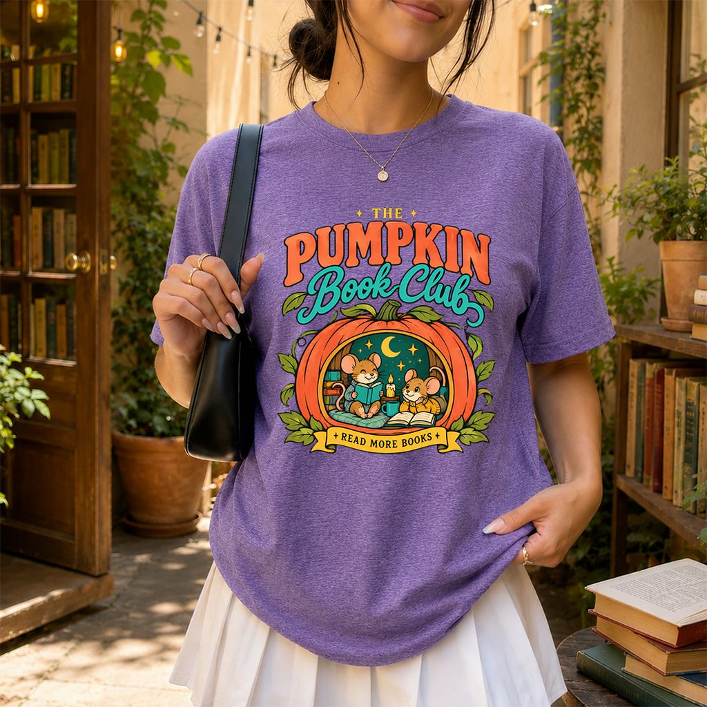 The Pumpkin Book Club Printed T-Shirt | Halloween Book Lover Gift Heather Purple