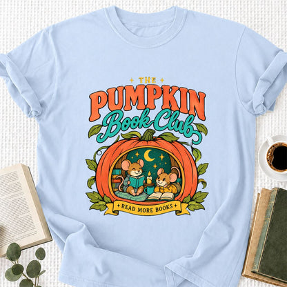 The Pumpkin Book Club Printed T-Shirt | Halloween Book Lover Gift Light Blue