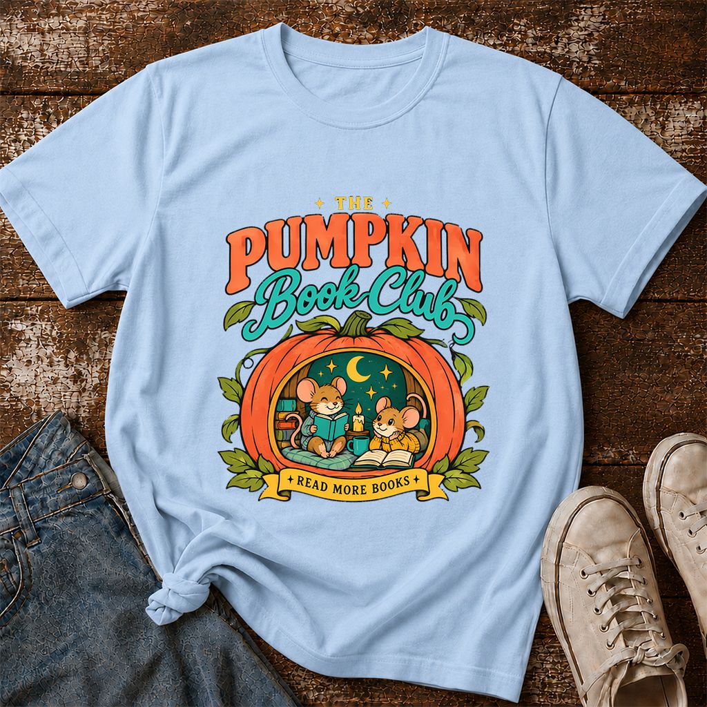 The Pumpkin Book Club Printed T-Shirt | Halloween Book Lover Gift Light Blue