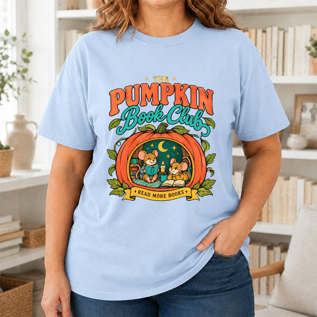 The Pumpkin Book Club Printed T-Shirt | Halloween Book Lover Gift Light Blue