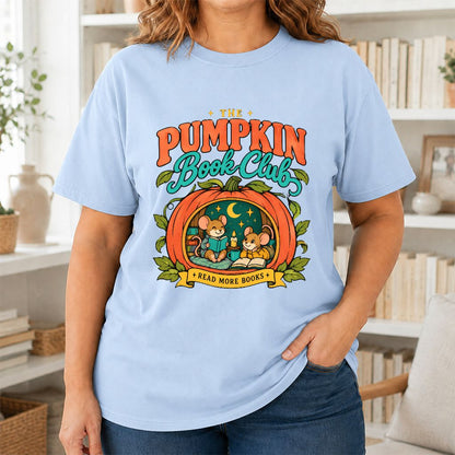 The Pumpkin Book Club Printed T-Shirt | Halloween Book Lover Gift Light Blue