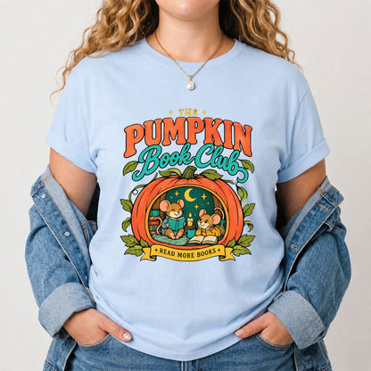 The Pumpkin Book Club Printed T-Shirt | Halloween Book Lover Gift Light Blue