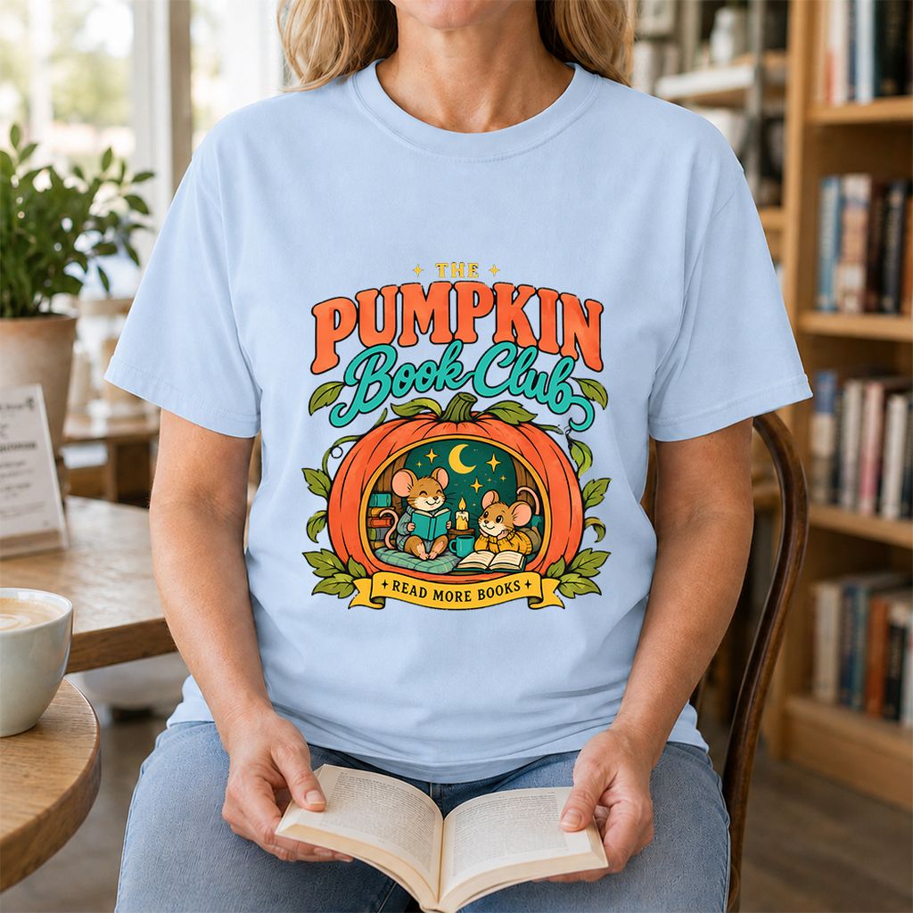 The Pumpkin Book Club Printed T-Shirt | Halloween Book Lover Gift Light Blue