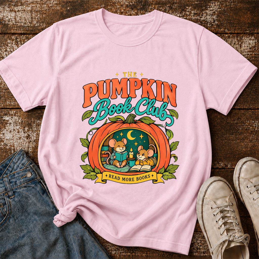 The Pumpkin Book Club Printed T-Shirt | Halloween Book Lover Gift Light Pink