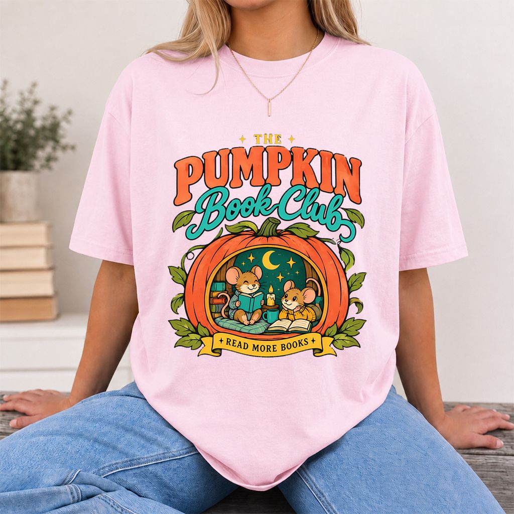 The Pumpkin Book Club Printed T-Shirt | Halloween Book Lover Gift Light Pink