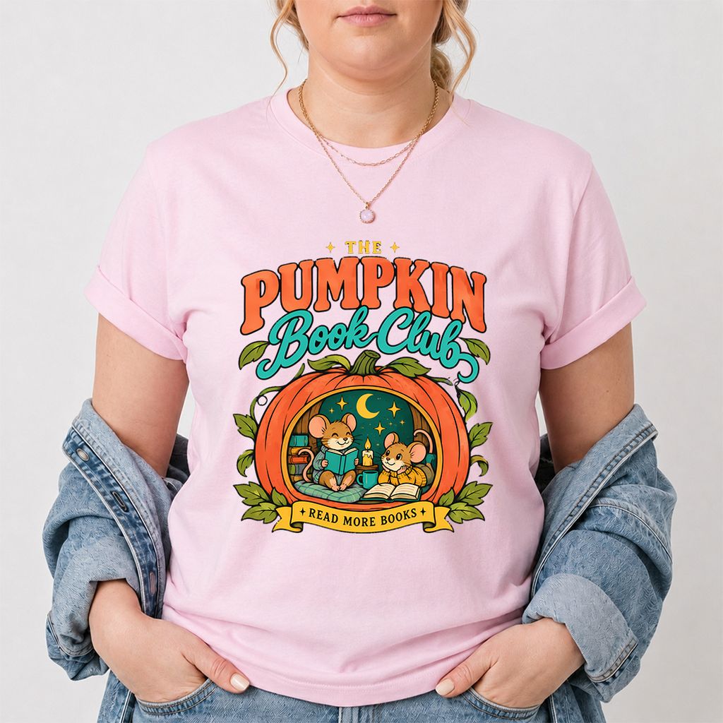 The Pumpkin Book Club Printed T-Shirt | Halloween Book Lover Gift Light Pink