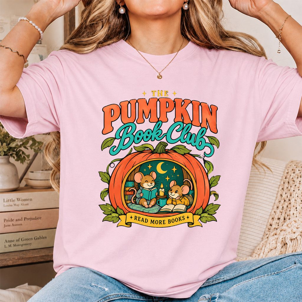 The Pumpkin Book Club Printed T-Shirt | Halloween Book Lover Gift Light Pink