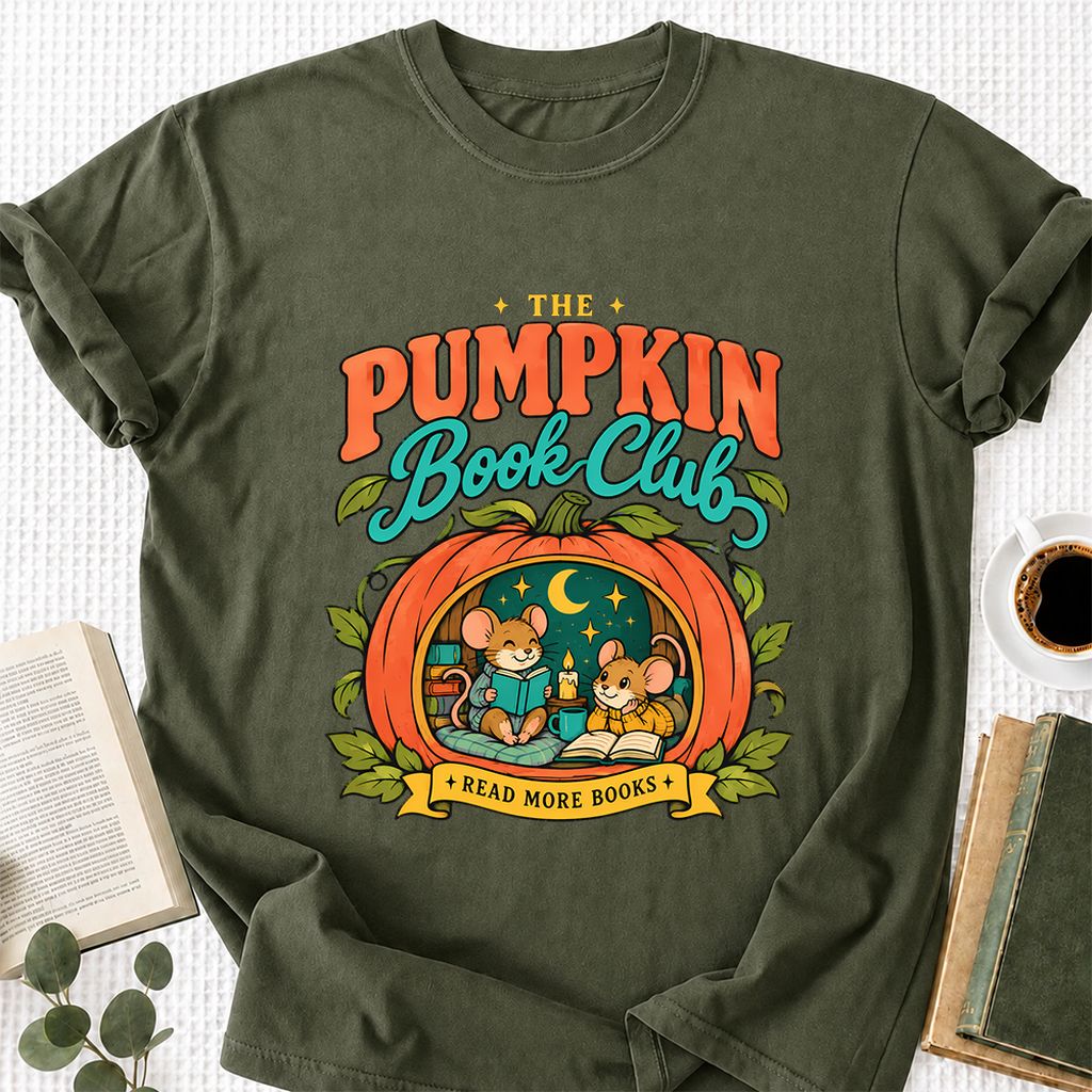 The Pumpkin Book Club Printed T-Shirt | Halloween Book Lover Gift Military Green