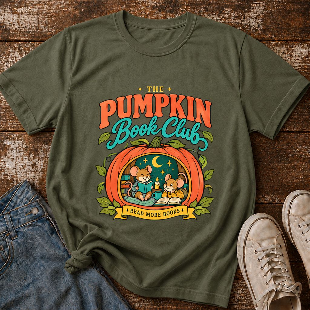 The Pumpkin Book Club Printed T-Shirt | Halloween Book Lover Gift Military Green