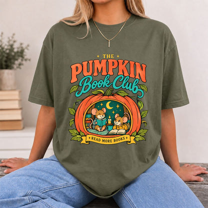 The Pumpkin Book Club Printed T-Shirt | Halloween Book Lover Gift Military Green