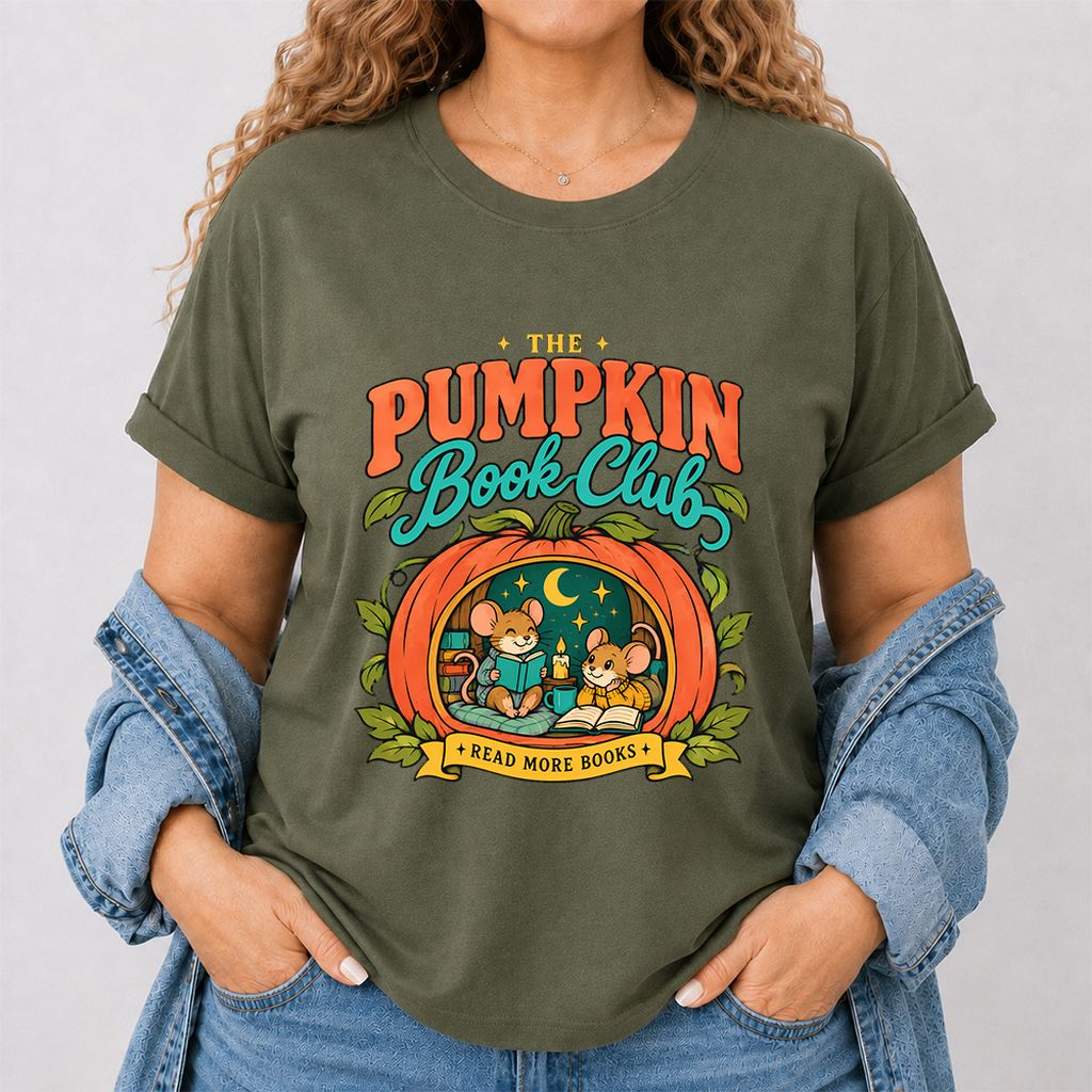 The Pumpkin Book Club Printed T-Shirt | Halloween Book Lover Gift Military Green