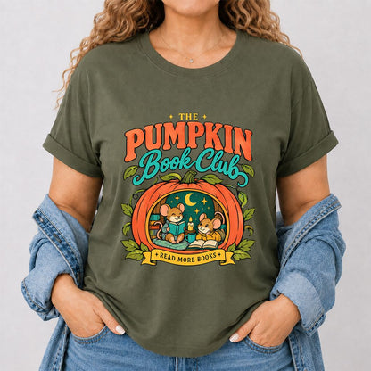 The Pumpkin Book Club Printed T-Shirt | Halloween Book Lover Gift Military Green