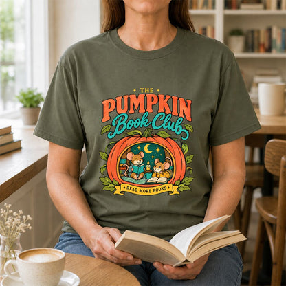 The Pumpkin Book Club Printed T-Shirt | Halloween Book Lover Gift Military Green