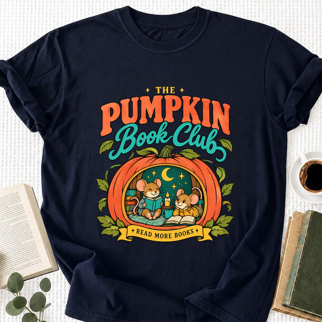 The Pumpkin Book Club Printed T-Shirt | Halloween Book Lover Gift Navy