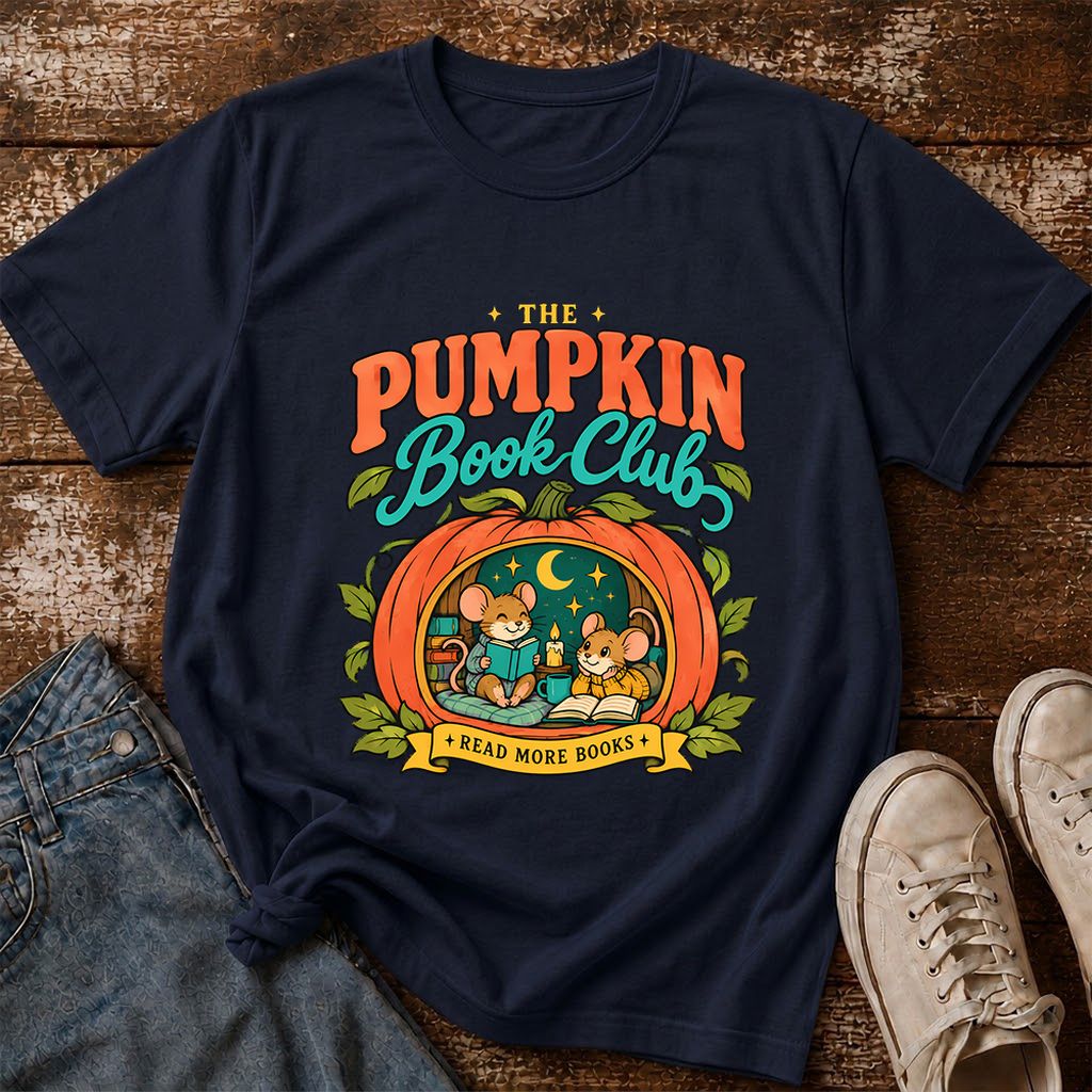 The Pumpkin Book Club Printed T-Shirt | Halloween Book Lover Gift Navy