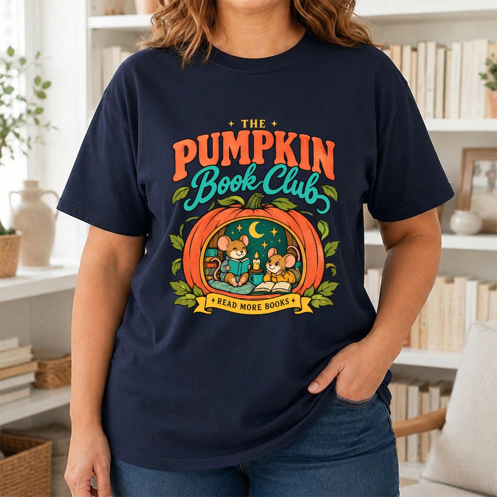The Pumpkin Book Club Printed T-Shirt | Halloween Book Lover Gift Navy