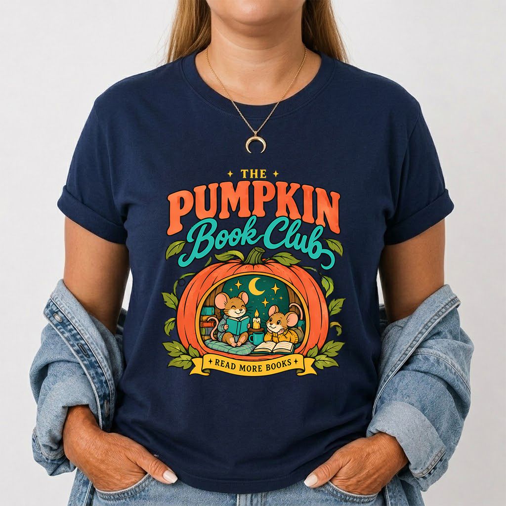 The Pumpkin Book Club Printed T-Shirt | Halloween Book Lover Gift Navy