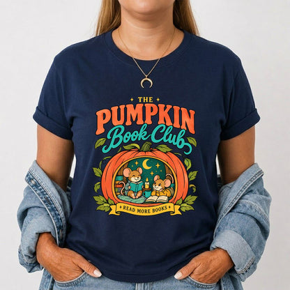 The Pumpkin Book Club Printed T-Shirt | Halloween Book Lover Gift Navy