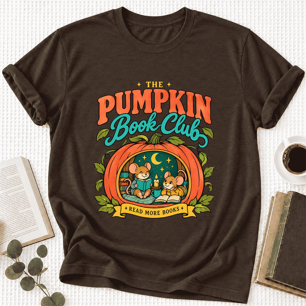The Pumpkin Book Club Ultra-Soft Cotton T-Shirt | Halloween Book Lover Gift Brown