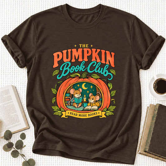 The Pumpkin Book Club Ultra-Soft Cotton T-Shirt | Halloween Book Lover Gift Brown
