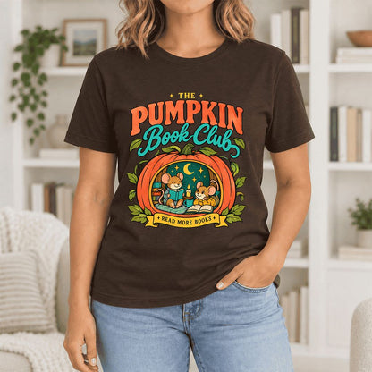The Pumpkin Book Club Ultra-Soft Cotton T-Shirt | Halloween Book Lover Gift Brown