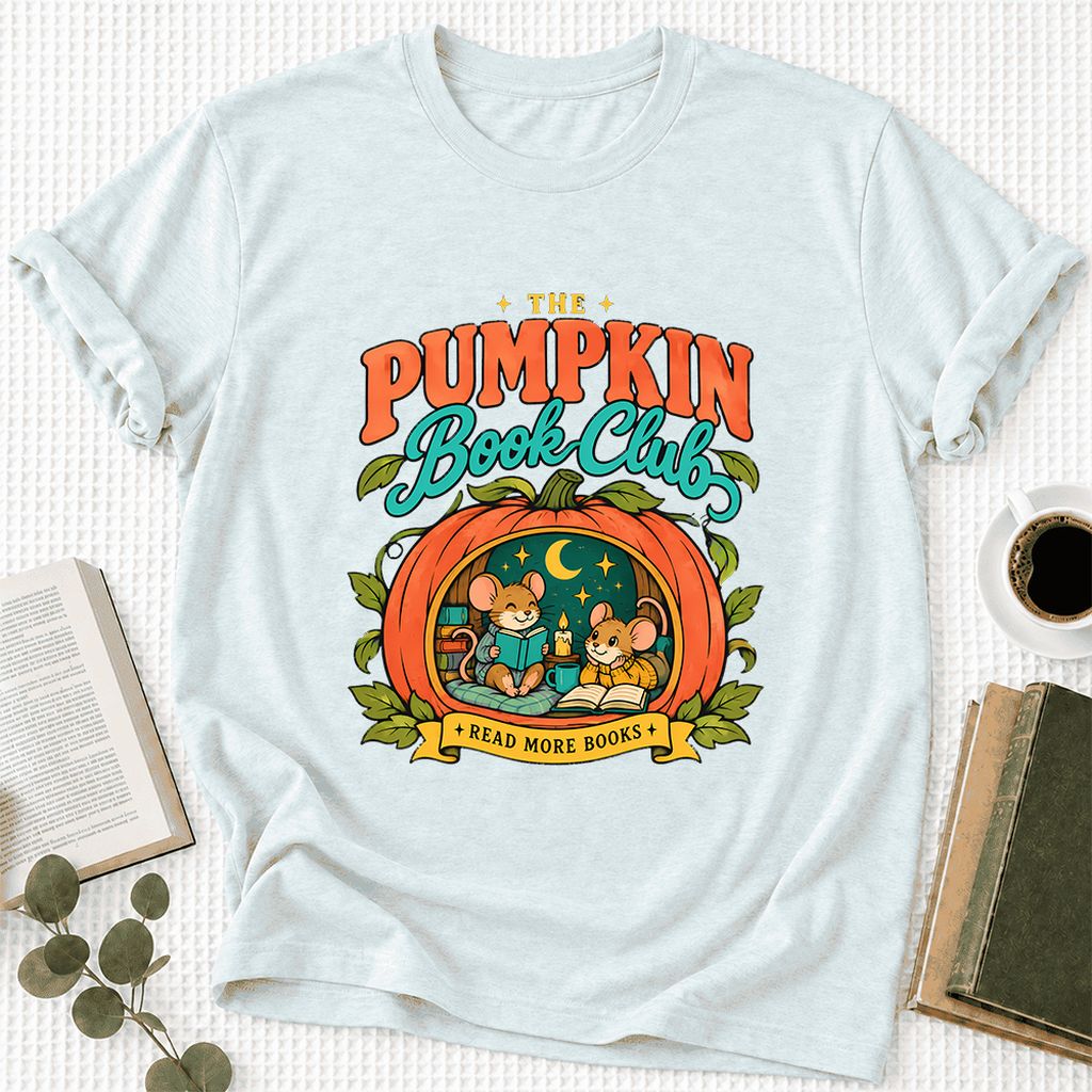 The Pumpkin Book Club Ultra-Soft Cotton T-Shirt | Halloween Book Lover Gift Heather Ice Blue