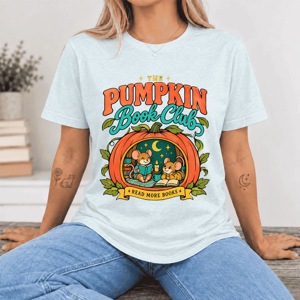 The Pumpkin Book Club Ultra-Soft Cotton T-Shirt | Halloween Book Lover Gift Heather Ice Blue