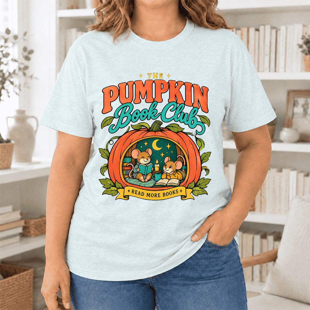 The Pumpkin Book Club Ultra-Soft Cotton T-Shirt | Halloween Book Lover Gift Heather Ice Blue