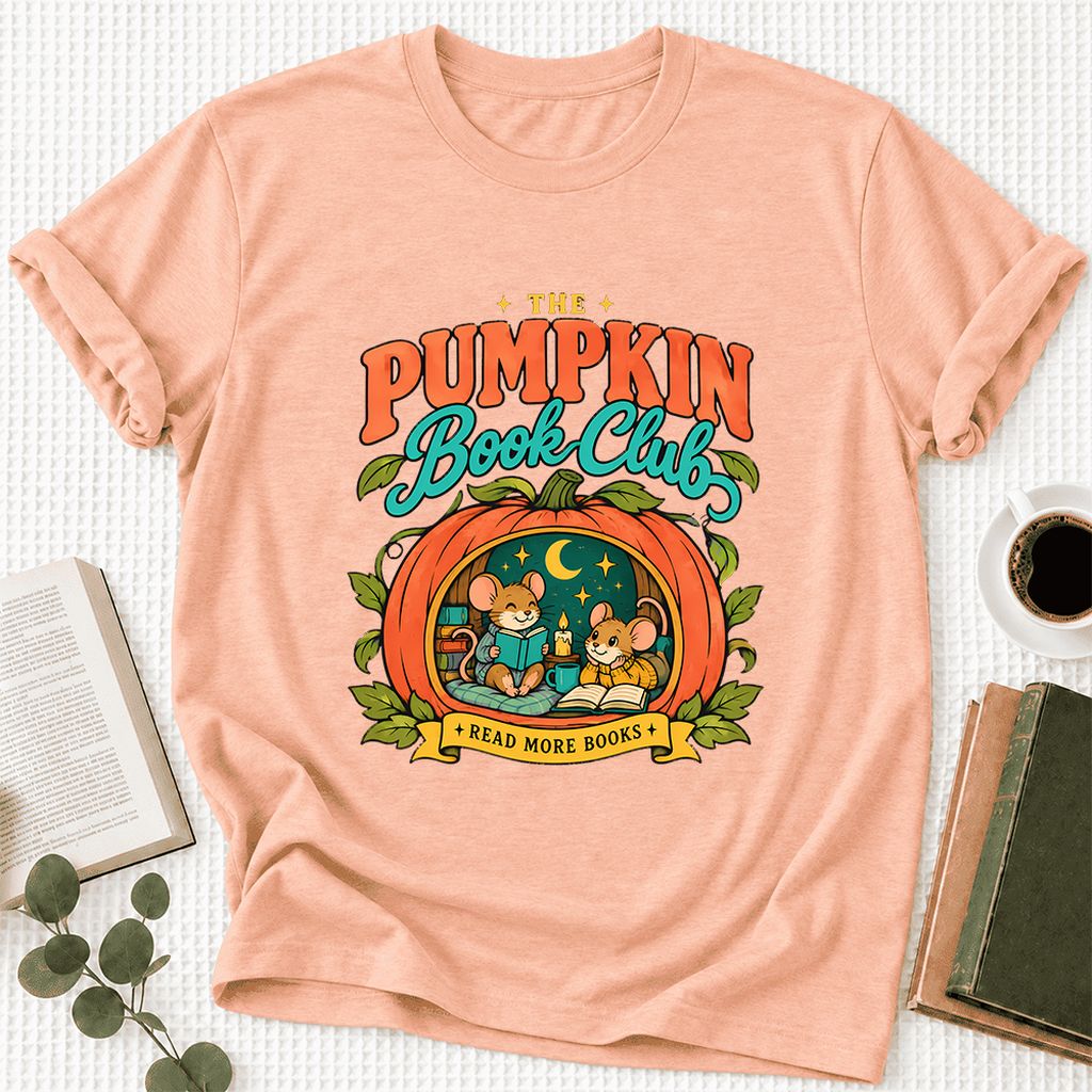 The Pumpkin Book Club Ultra-Soft Cotton T-Shirt | Halloween Book Lover Gift Heather Peach