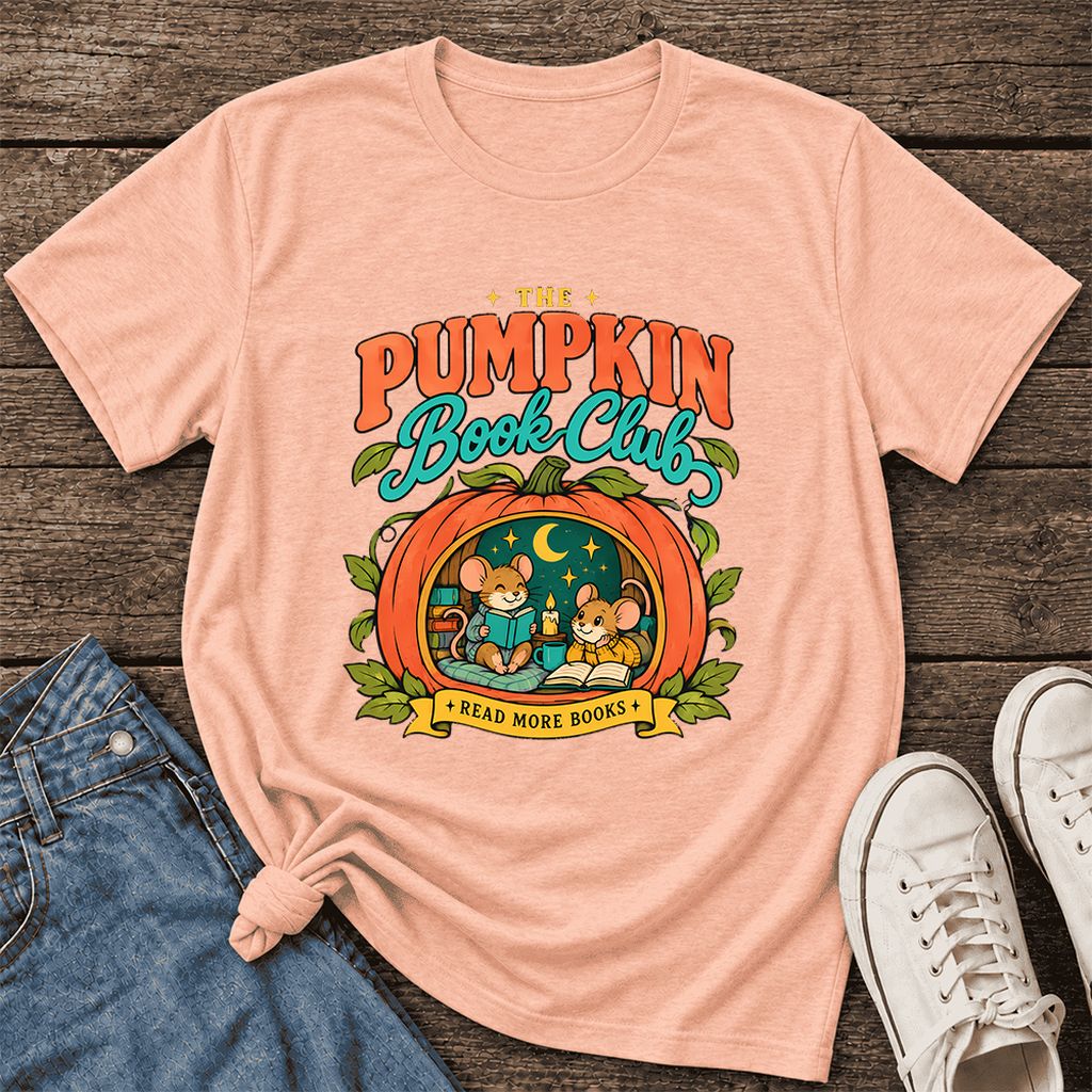 The Pumpkin Book Club Ultra-Soft Cotton T-Shirt | Halloween Book Lover Gift Heather Peach