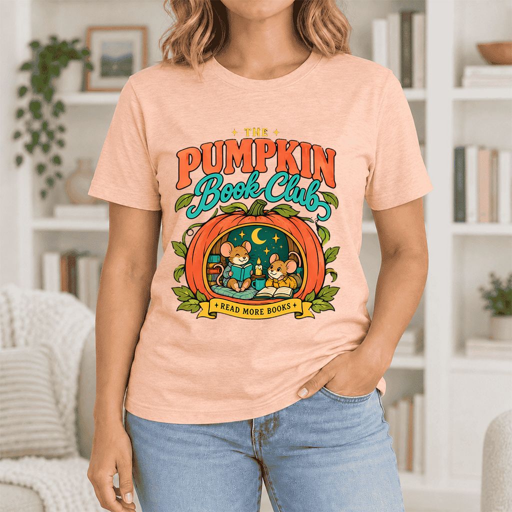 The Pumpkin Book Club Ultra-Soft Cotton T-Shirt | Halloween Book Lover Gift Heather Peach