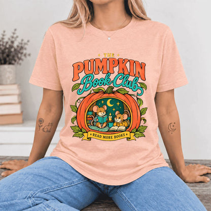 The Pumpkin Book Club Ultra-Soft Cotton T-Shirt | Halloween Book Lover Gift Heather Peach