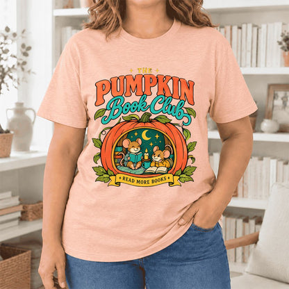 The Pumpkin Book Club Ultra-Soft Cotton T-Shirt | Halloween Book Lover Gift Heather Peach