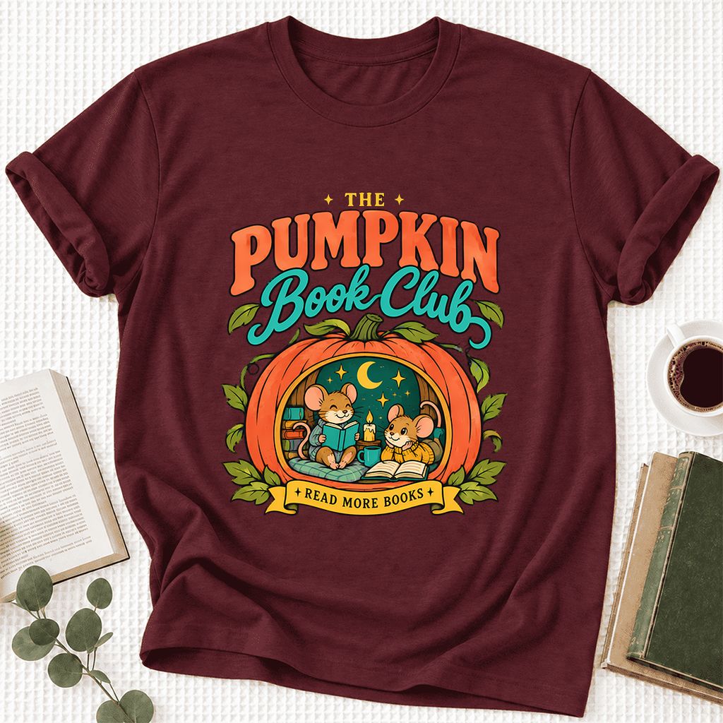 The Pumpkin Book Club Ultra-Soft Cotton T-Shirt | Halloween Book Lover Gift Maroon