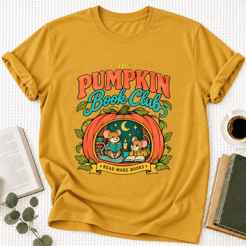 The Pumpkin Book Club Ultra-Soft Cotton T-Shirt | Halloween Book Lover Gift Mustard