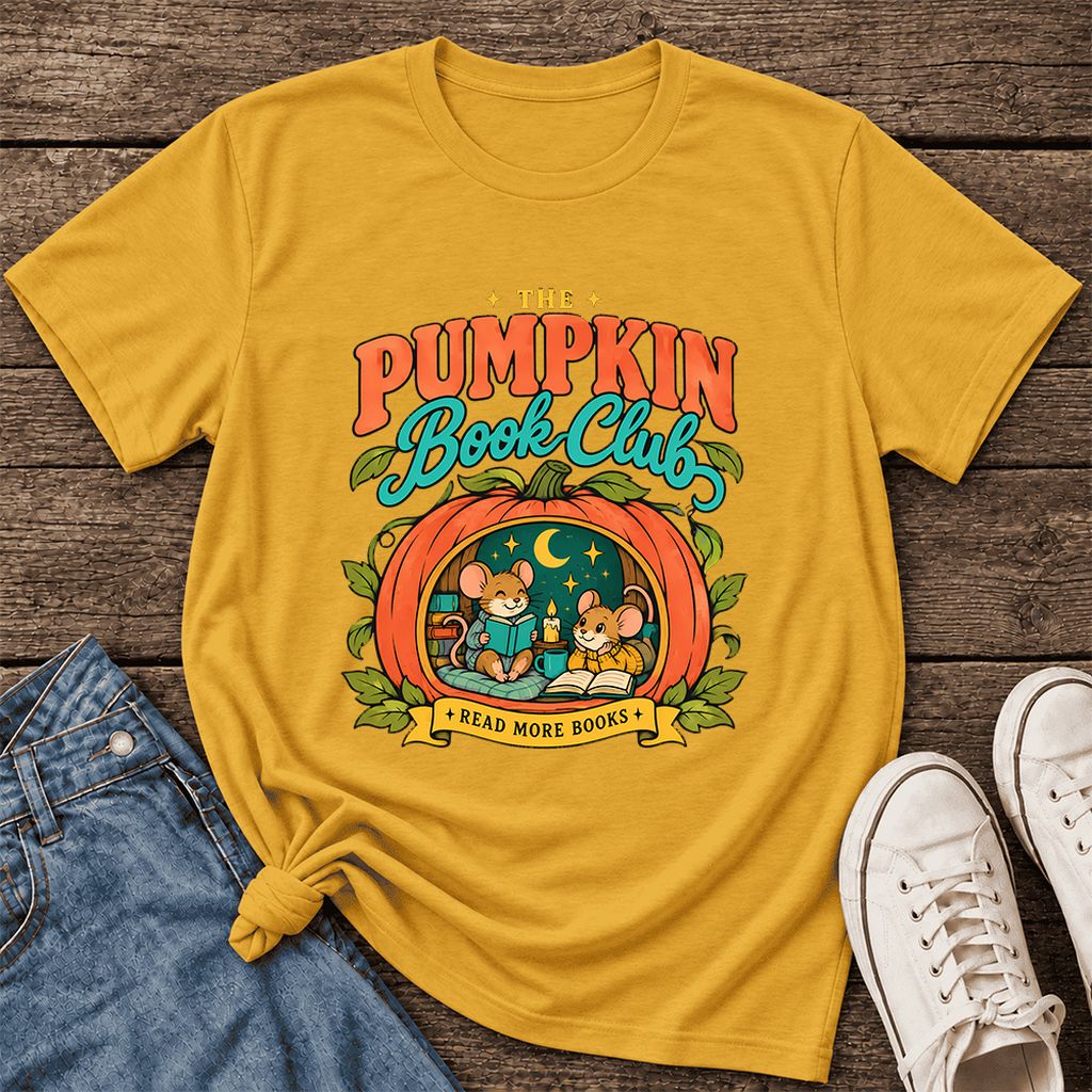 The Pumpkin Book Club Ultra-Soft Cotton T-Shirt | Halloween Book Lover Gift Mustard