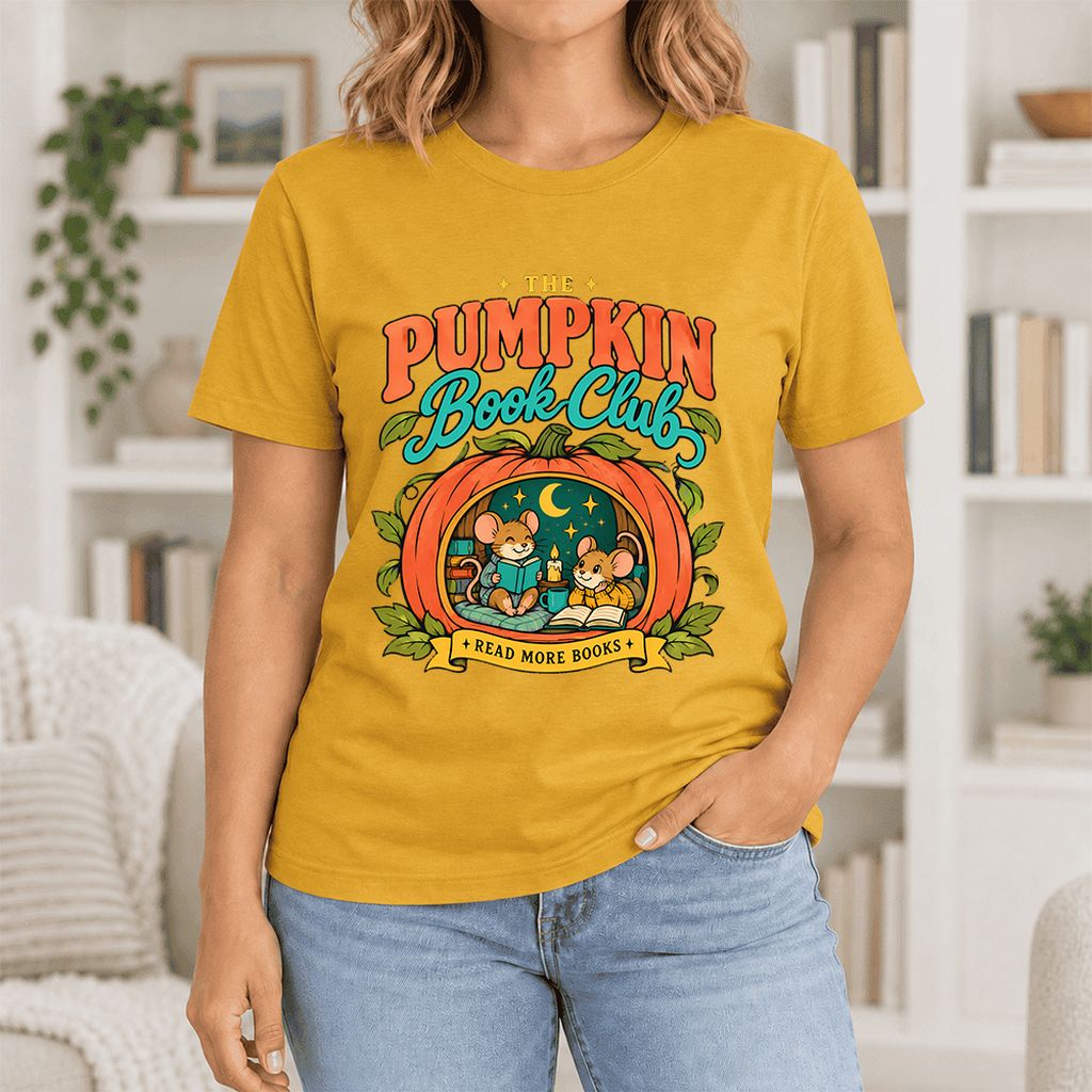 The Pumpkin Book Club Ultra-Soft Cotton T-Shirt | Halloween Book Lover Gift Mustard